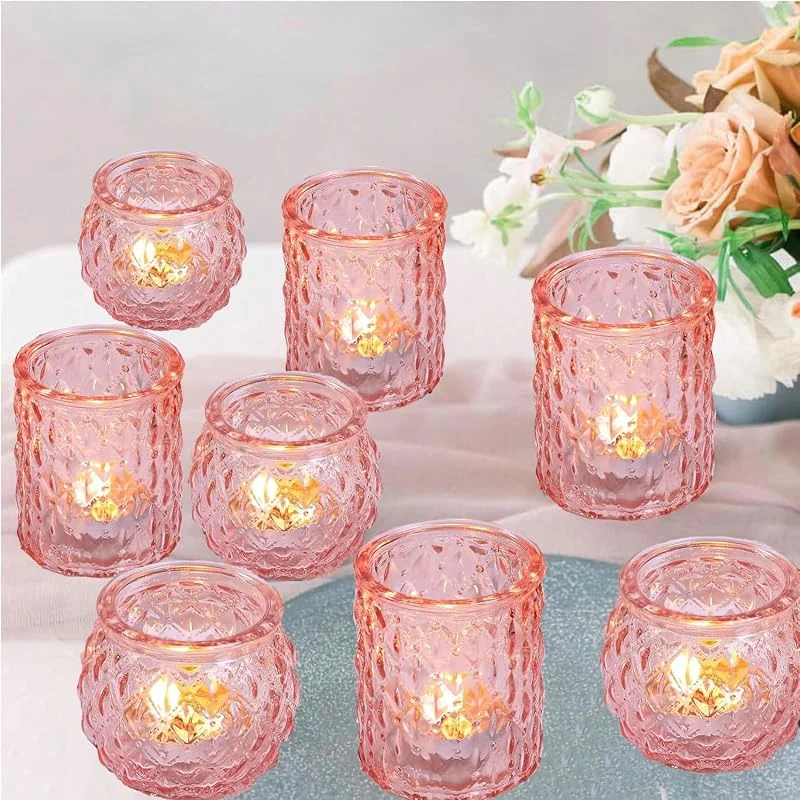 Jinavoty 12 portavelas votivos rosados surtidos, portavelas de cristal para despedida de soltera, centro de mesa de boda, decoración del hogar de fiesta (12, rosa) — Cena a la luz de velas