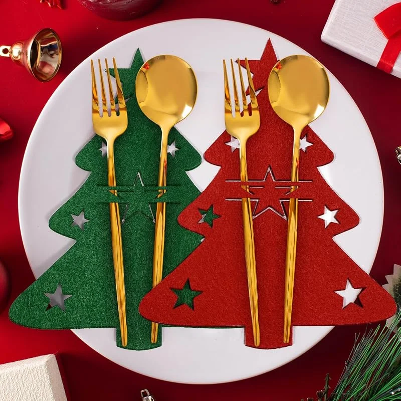 QUOHE Decoracion de Mesa Navidad, 8 Pcs Porta Cubiertos Navideños de Fieltro Árbol de Navidad Adornos Cestas Bolsa Soporte para Cubiertos, Rojo Verde Navideña Cuchillos Tenedores Cucharas Vajilla Bolsas — Adviento y mesa