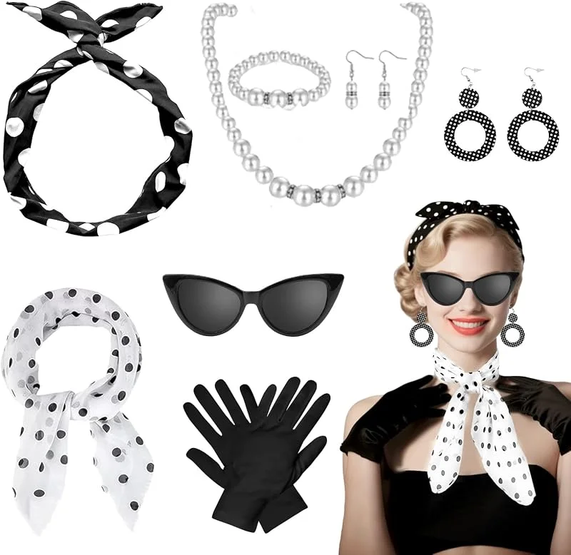GOTRUST 50er Jahre Accessoires Damen, 1950s Rockabilly, Accessoires 50er Kostüm Zubehör Set, Vintage 60er Kleidungszubehör für Karneval Moto Retro Party — Ropa Navidad
