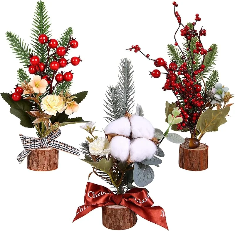 TSLBW 3 Piezas Mini árboles de Navidad de Mesa Pino de Escritorio con Frutos Rojos y Base de Madera Decoración de Vacaciones Adornos de Fiesta — Decoracion Navidad