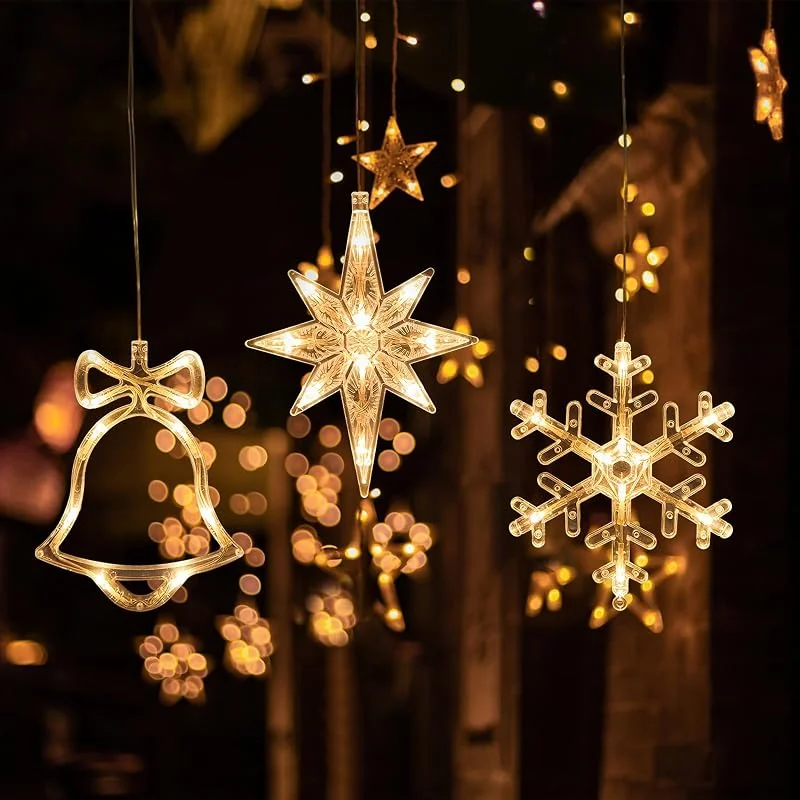 Qtuie 3Pcs Luces de Navidad Ventana Cortina de Luces Estrellas Decoracion Navidad Luminosas Estrellas Luces Ventana Navidad Interior Exterior Cortina de Luz para Balcon, Ventana, Fiesta, Navidad