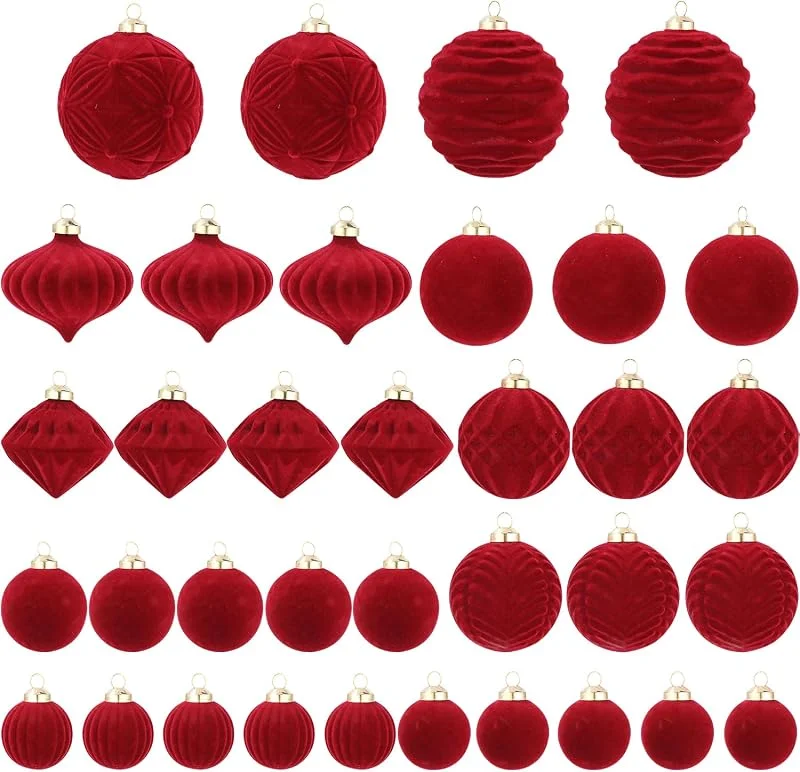LEAZZLE 35 Piezas Juego de Bolas Arbol de Navidad de Terciopelo Rojo, Bolas de Navidad de Plástico Inastillable, Decoracion Navidad Rojas, Adornos Arbol Navidad, para Natal, Cumpleaños, Ø 4, 5, 6, 8 cm