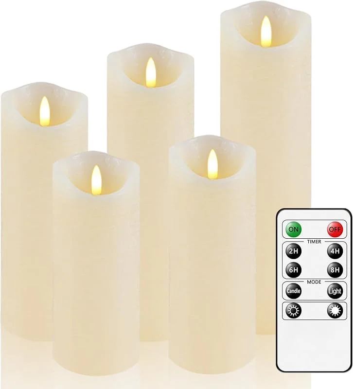 Visita la tienda de AiiBowy Velas LED Sin Llama [5 Piezas] - Cera Real, Funciona con Pilas, Llama Parpadeante, Control Remoto de Temporización - Velas al Aire Libre para Halloween, Navidad, Decoración - Blanco Marfil — Cena a la luz de velas
