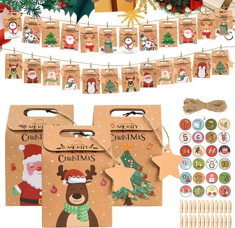 MUXIWOM Calendario de Adviento para Rellenar, 24 Cajas Calendario Adviento Para Rellenar, Calendario de Adviento DIY, Calendario Adviento Vacio con Pegatinas Digitales, Bolsas Regalo Navida — Adviento y mesa