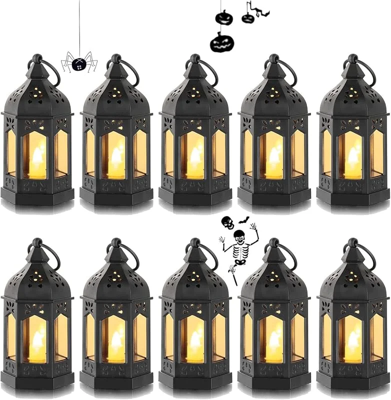 Romadedi Farolillo negro para Halloween – Juego de 10 mini farolillos con velas LED para Ramadán, jardín, Navidad, boda, balcón, exterior y mesa — Cena a la luz de velas