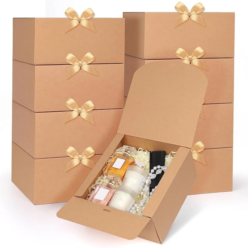 GXFCING 12 Cajas de Regalo Marrone, 20x20x10cm Plegable Cajas de Regalo con Tapa, Caja Regalo Kraft Carton con Cinta de Satén Dorada para Bodas, Cumpleaños, Navidad y Fiestas — Envoltorio regalo