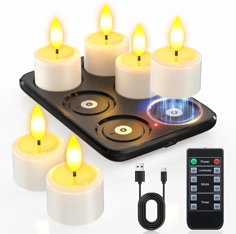 Visita la tienda de Yme Yme Velas de Té LED Recargables USB con Base de Carga Magnética, 6 Piezas Vela LED Efecto Llama Velas Electricas Decorativas con Mando a Distancia para Halloween Navidad Fiesta Hogar Cara Decoración — Cena a la luz de velas