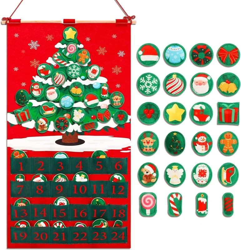 DPKOW Calendario de Adviento decorativo Merry Christmas de, calendario de cuenta atrás navideño no tejido con 24 adornos rellenos. — Adviento y mesa