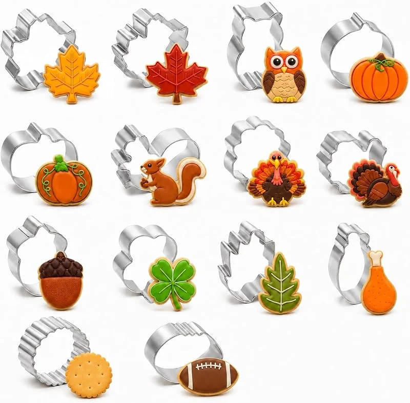 PTaizjjz Juego de cortadores de galletas de Acción de Gracias, 14 mini cortadores de galletas de otoño, Calabaza de acero inoxidable, hoja de arce, ardilla, búho, pavo y más — Hogar y cocina