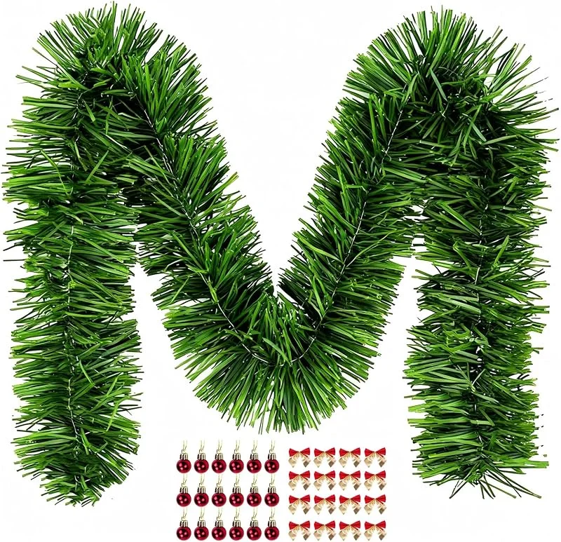 Visita la tienda de FungLam Guirnalda navideña de 15m, artificial, sin iluminación, verde, de ramas de abeto, decoración navideña para interiores y exteriores, con 45 bolas navideñas y 45 nudos de mariposa — Decoracion Navidad