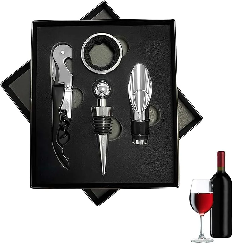Helweet Sacacorchos Set, Set de Accesorios para Vino, Kit de Abrebotellas de Vino, Abridor de Botellas de Vino, Juego de Abridor de Vino 4 En 1, Con Sacacorchos Vino, Tapón de Vino, Vertedor Vino — Vino y mesa festiva