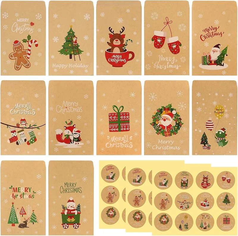 GFUEIGJ 48 bolsas de papel pequeñas para Navidad, 7, 7 x 11 cm, bolsas de papel con 48 pegatinas para calendario, bolsas de galletas, bolsas para dulces, decoración navideña — Envoltorio regalo