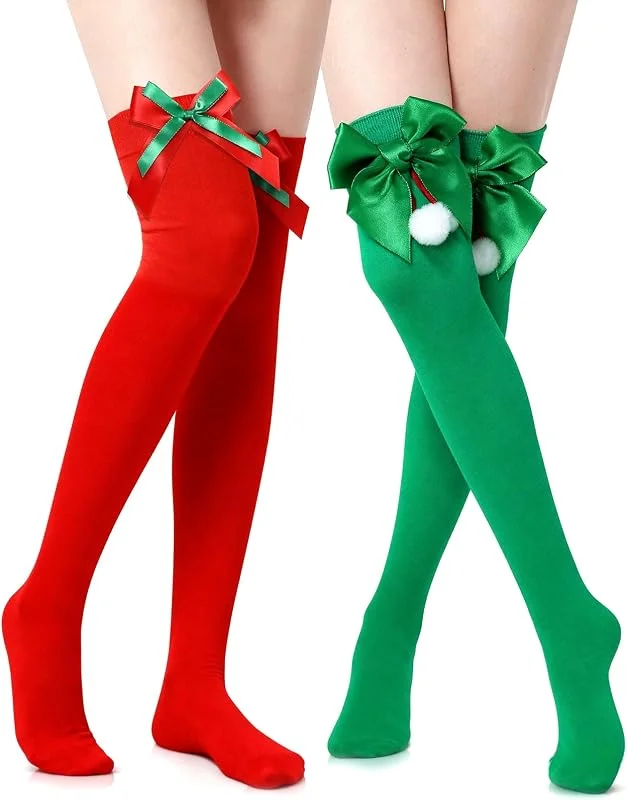 GTYARYUA Navidad Largas Medias, 2 PCS Calcetines Largos Mujer, Calcetines Hasta la Rodilla de Navidad con Lazo y Papá Noel, Rojo y Verde Calcetines Largos Navideño, para Temática Navideña de Invierno — Ropa Navidad