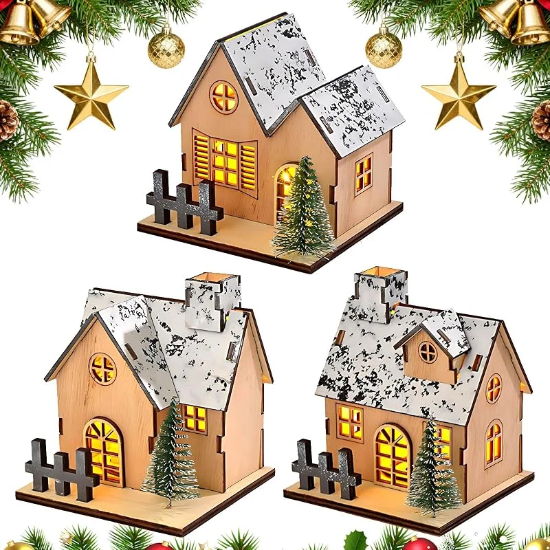 walenbily Pueblo de Navidad con iluminación, juego de 3 casas de madera con efecto nieve y árboles de Navidad, perfecto como decoración de mesa, decoración de ventana, vista de invierno, regalo — Decoracion Navidad