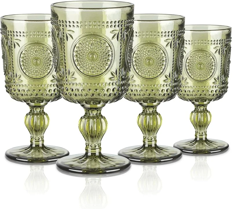 Visita la tienda de Joeyan Joeyan 300ml Retro Copas de Vino Tinto de Verde con Floral Relieve, Set de 4 — Vino y mesa festiva
