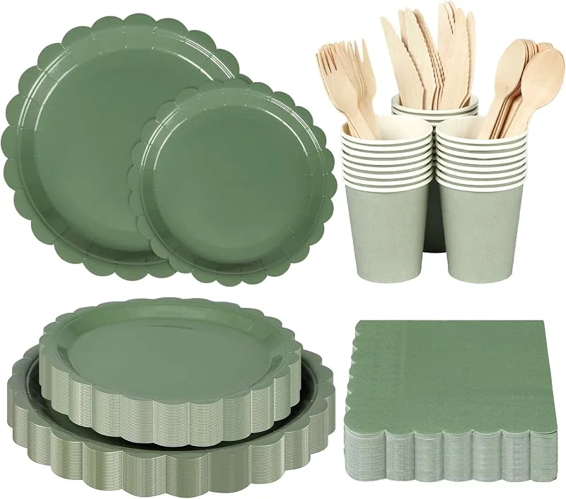 Anstore Verde Platos Desechables Elegantes, 200 Platos De Papel Floral Vintage Con Borde Festoneado Para 25 Invitados, Vajilla Desechable Con Plato, Cuchara, Tenedor, Cuchillo, Vasos, Servilletas — Adviento y mesa