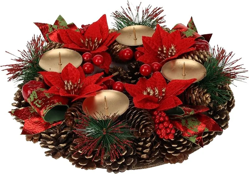 Bambelaa! Corona de Adviento artificial con 4 soportes para velas en oro, piñas, estrellas de Navidad, bayas rojas — Adviento y mesa