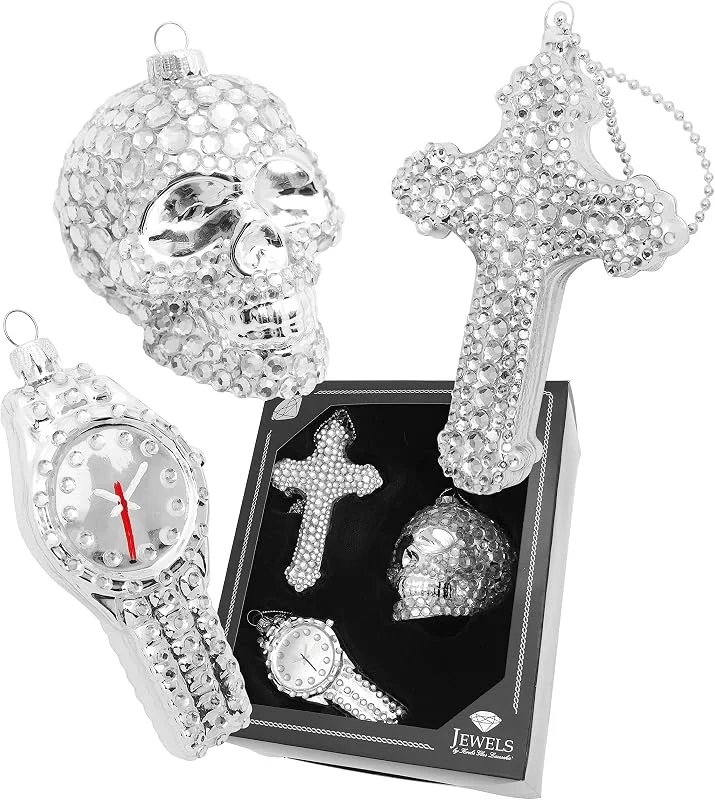 Krebs Glas Lauscha - Juego de adornos para árbol de Navidad, de cristal, diseño de calavera, cruz - color: plata con brillantes - Tamaño: 8 - 13 cm - Cantidad: 3 unidades — Decoracion Navidad