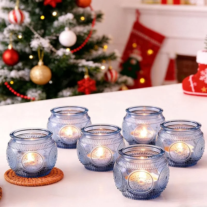 Jinavoty 6 piezas de portavelas votivas azules, portavelas de vidrio para luz de té para despedida de soltera, fiesta, decoración del hogar, centro de mesa (azul) — Cena a la luz de velas