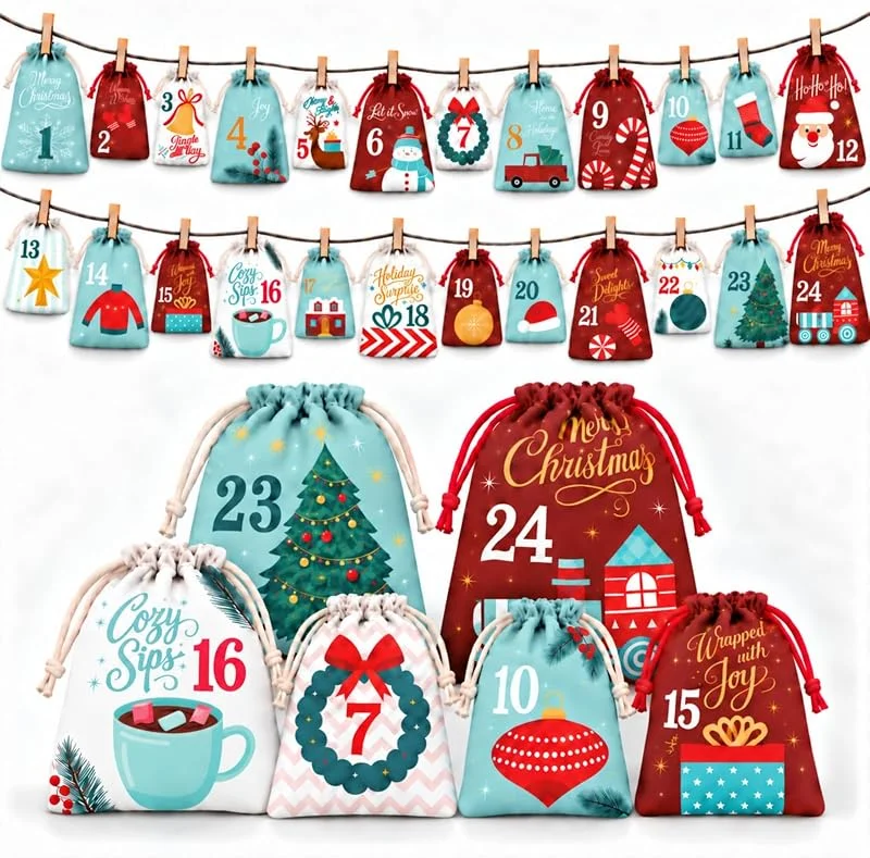 AIZHAZHA Calendario de Adviento para rellenar 24 bolsas, bolsa de tela de Navidad — Adviento y mesa