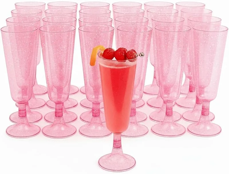 Visita la tienda de MATANA MATANA 50 Elegantes Copas de Champán de Plástico Rosa con Purpurina, 150ml - Flautas de Champagne para Bodas y Fiestas - Vasos Resistentes y Reutilizables para Cócteles, Postres — Vino y mesa festiva