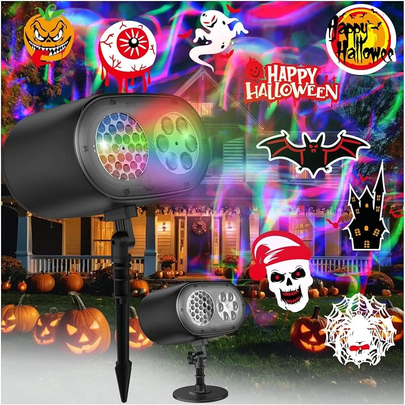 Aqash Proyector Navidad Exterior Luces Halloween Decoración – Proyector LED 2-en-1 con Efecto Ola del Océano 12 Patrones Dinámicos Impermeable con Control Remoto para Decoración Festiva en Casa y Jardín — Luces Navidad