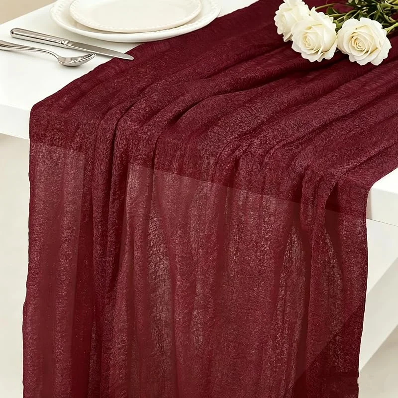 Cryluxial Camino de mesa rojo vino, 90 x 300 cm, gasa bohemia, mantel para bodas, cumpleaños, baby shower, Navidad, Año Nuevo, lila, decoración de mesa, color rojo, lila y marrón — Hogar y cocina