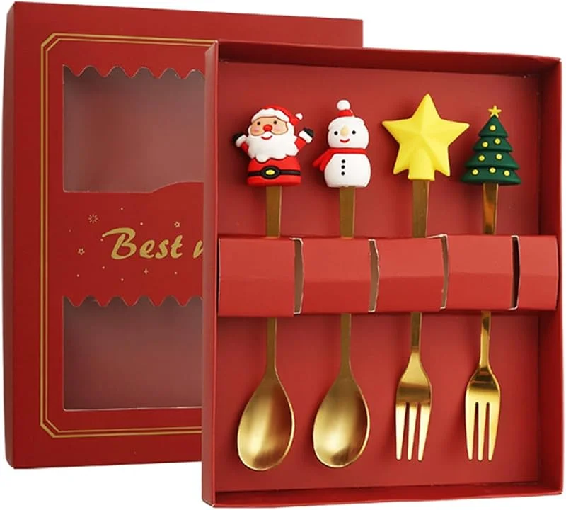Vastsea 4 Piezas Christmas Spoon and Fork Set, Cubiertos de Navidad, Stainless Steel Cutlery for Desserts and Coffee Festive Holiday Design Set — Adviento y mesa