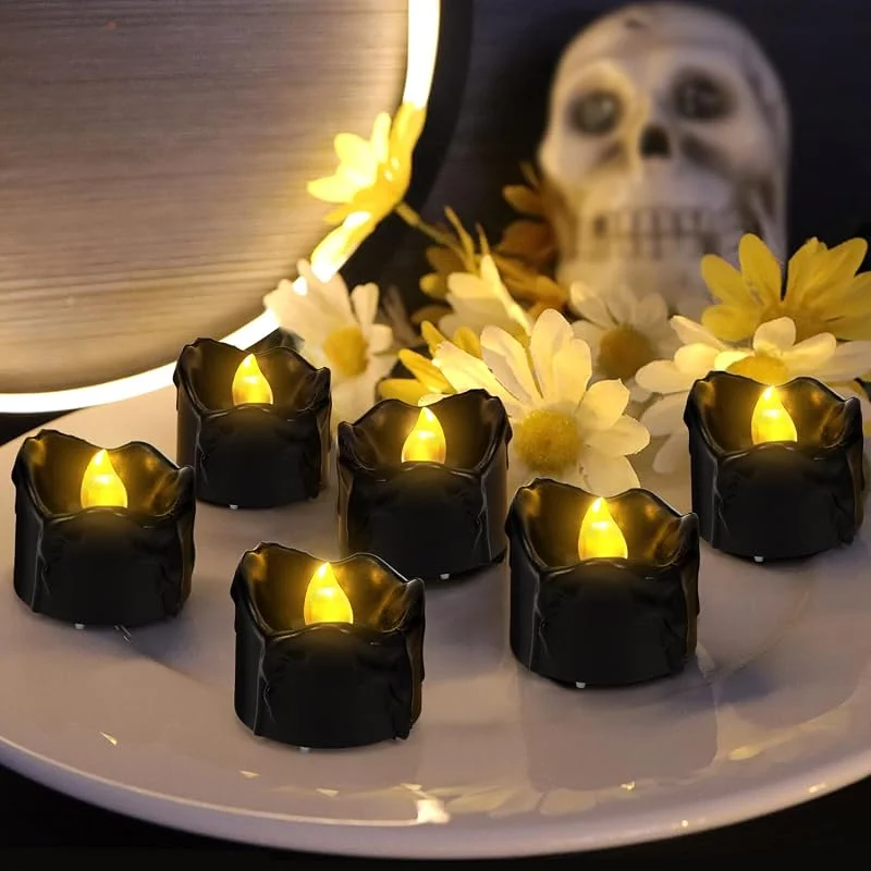 Sprinlot 6 velas LED de té negras, velas LED con llama parpadeante, luz de cera que gotea eléctrica, sin llama, para Navidad, Halloween, fiestas, decoración A15-2 — Cena a la luz de velas
