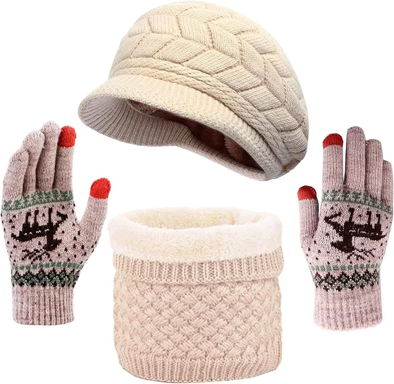 ASYBHYY Gorras Invierno con Bufanda y Guantes Táctiles Antideslizante 3 en 1 de Punto Sombreros Slouchy Calentar Gorro con Forro Polar para Mujeres y Hombres — Ropa Navidad