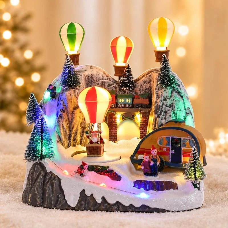 MUMTOP Pueblo navideño animado con globo aerostático giratorio con música — Decoracion Navidad