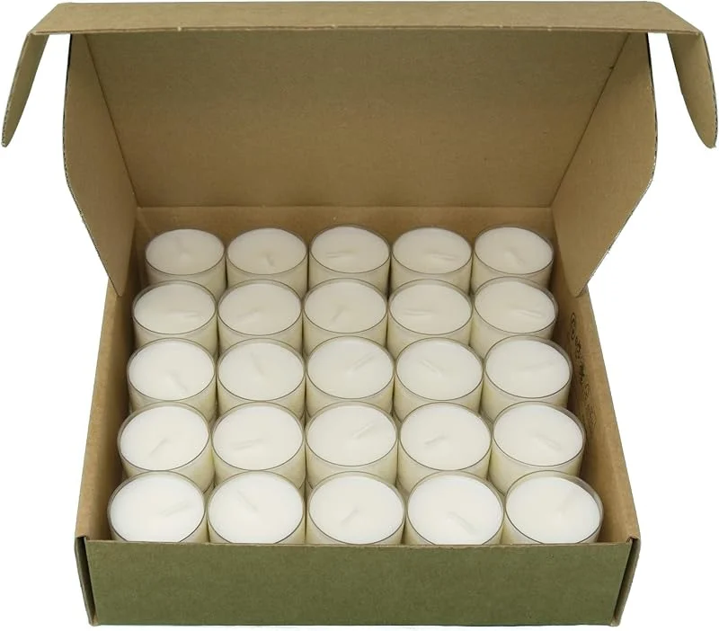 Coraz Home Velas de Cera de Colza Natural Candelitas en Taza Transparente Cera Blanca Luces Nocturnas No Tóxicas No Perfumadas (Caja de Kraft, 50 Candelitas - 8 Horas) — Cena a la luz de velas