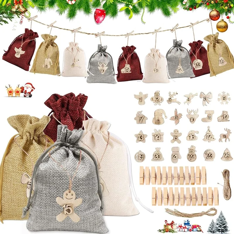 Sunshine smile Calendario de Adviento para Rellenar, Bolsas de Tela Navideñas con Etiqueta de Madera, Clip, Calendario Adviento Vacio, Bolsas de Tela Navideñas, Calendario de Adviento DIY — Adviento y mesa