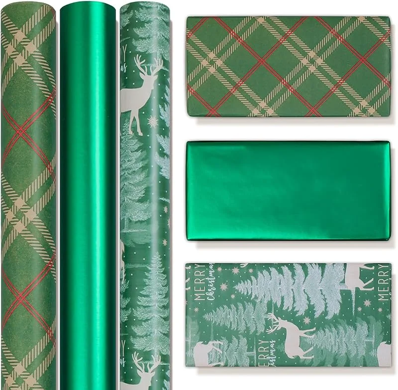 Visita la tienda de Niviy Niviy Papel de Regalo Rollo Grande 43cmx3m Papel de Regalo Verde 3 Rollos Papel de Regalo Kraft Navidad Impreso con Alces y Arbol de Navidad Ambiente Navideño Retro — Envoltorio regalo