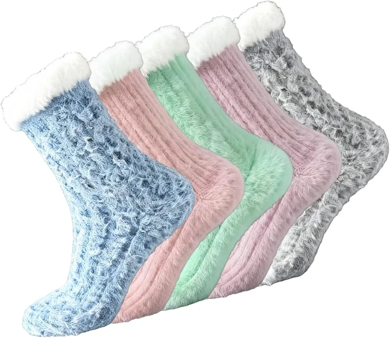 QarulG 5 Pares Termicos Calcetines Mujer Casa Calcetine Cama Difusos Antideslizantes Cálidos Calentitos Forro Polar Coral Termicos Niñas Dormir Regalos sin Costuras Frio Extremo Algodón Grueso para Navidad — Decoracion Navidad
