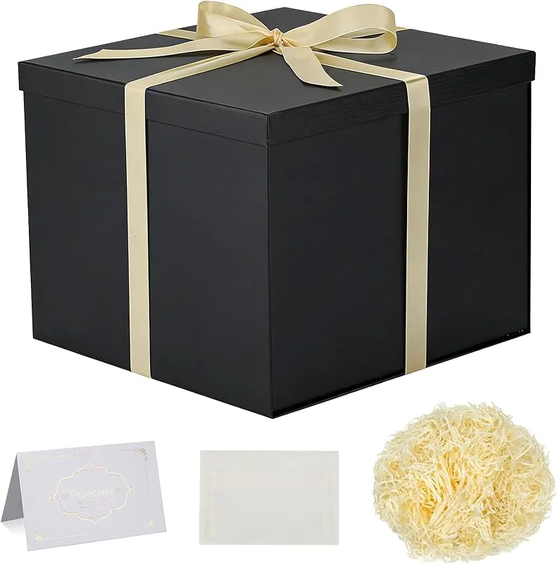 Forbabe Caja de regalo con tapa de 30 x 30 x 25 cm, caja de regalo de primera calidad negro grande con cintas, tarjetas de felicitación, trituraciones de martillo de rafia, ideal para Navidad — Envoltorio regalo