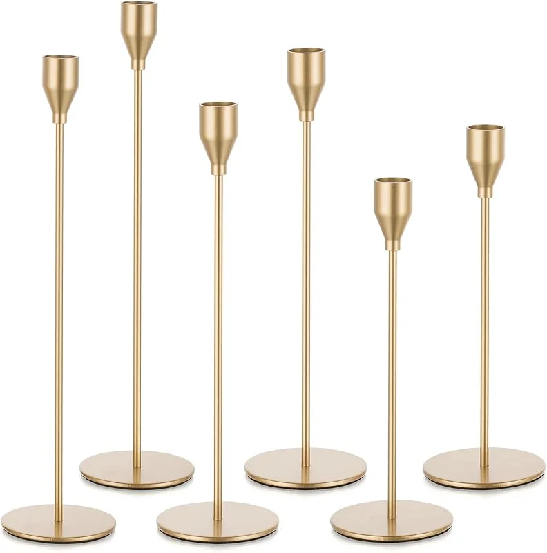Candeldo Portavelas dorado de metal: juego de 6 candelabros de varilla, candelabros de boda, vintage, portavelas alto, para velas de varilla, decoración de Navidad — Cena a la luz de velas