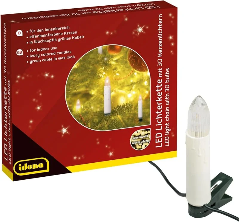 Visita la tienda de Idena Idena 38192 - Cadena de luces LED para velas con 30 LED en blanco cálido, 30 velas con pinzas, con enchufe de red, para interior, como decoración para el árbol de navidad y el ramo de navidad — Luces Navidad