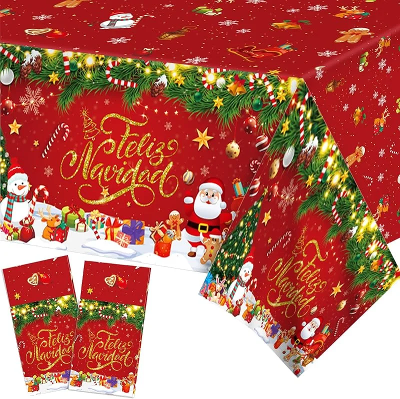 PHOGARY Manteles de Feliz Navidad de 2 Piezas, Mantel Rectangular de Plástico Navideño con Cubierta de Mesa de Papá Noel para Invierno, Decoraciones Españolas de Feliz Navidad de 130x220 cm — Adviento y mesa