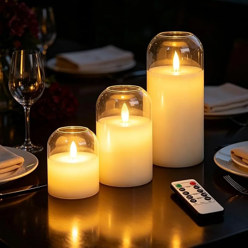 NAVESO 3 velas LED con mando a distancia, velas sin llama en vaso con mecha 3D — Cena a la luz de velas