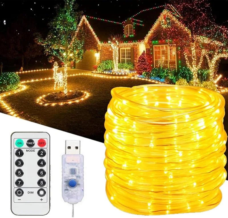 XRR Cadena de Luces LED USB, 100 ledes manguera USB cadena de luces para exterior e interior, 8 modos Guirnalda Luces para dormitorio, fiesta, jardín, camping, Navidad (blanco cálido) — Luces Navidad