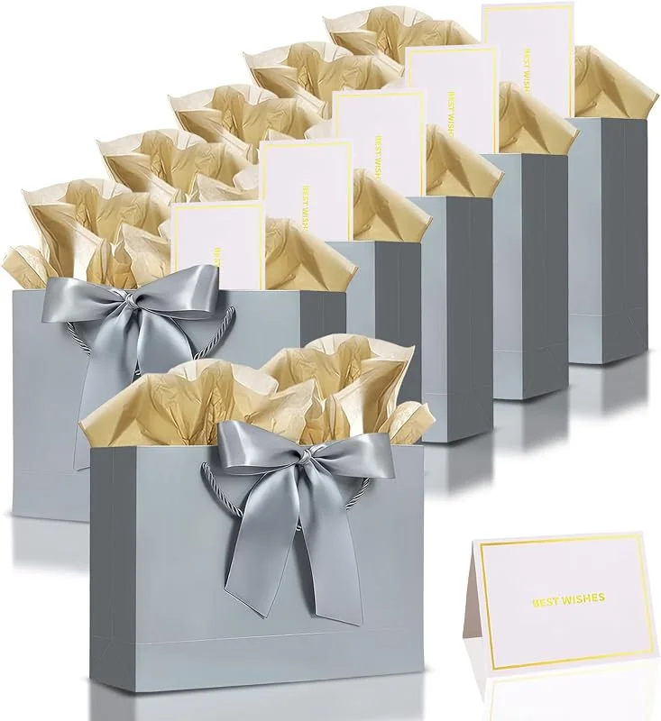YAAVAAW 6 piezas Bolsas de Regalo con Lazo Gris Plateado, Bolsa de Papel Cumpleaños Medianas con Asa, 6 Tarjeta Felicitación y 12 Pañuelos, Embalaje Regalo para Cumpleaños, Fiestas, Bodas, Baby Showers, Celebración — Envoltorio regalo