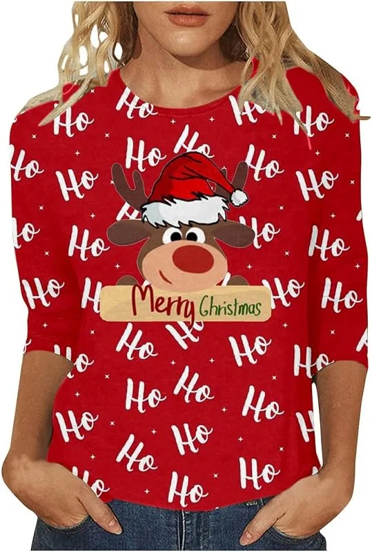 Genérico Jersey Navideño Mujer Manga 3, 4 Brillo Women Feos Bonita Sweater Hortera Gracioso Ugly Jerseys Camiseta Jersey Navidad Mujer Funny Termica Fiesta Mulher Punto Tops — Ropa Navidad