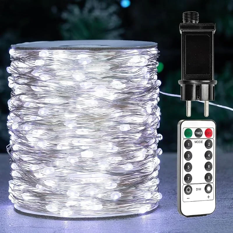 Visita la tienda de ZELUXDOT Luces de hadas blancas frías de 200m de largo, luces LED de cadena con alambre plateado, 2000 LED, 8 modos para bodas, interiores, exteriores, árbol de Navidad, porche, decoración de jardín. — Luces Navidad