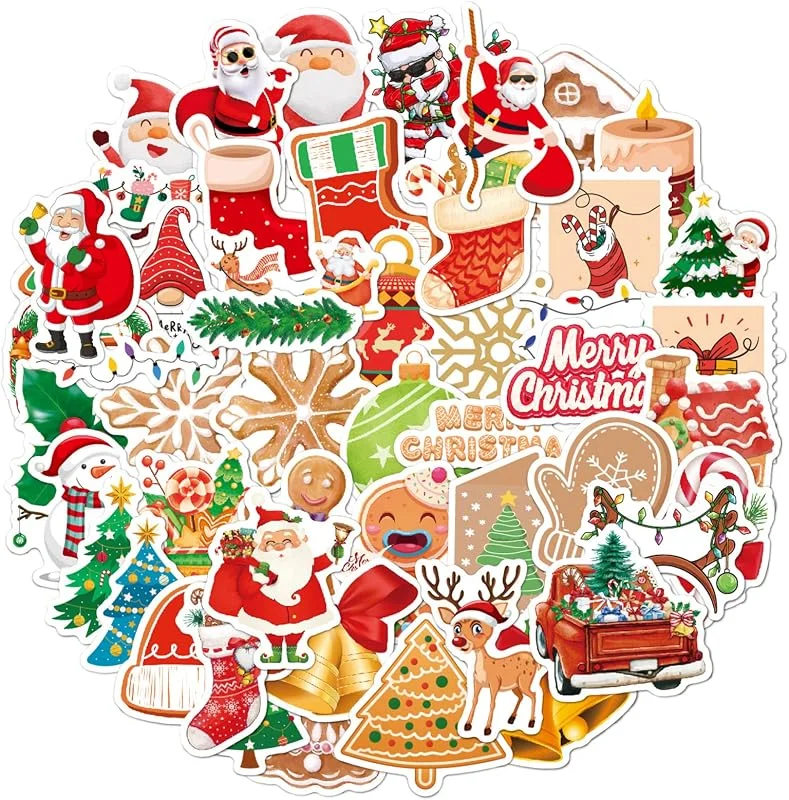 HENGBIRD Pegatinas de Navidad 50 Piezas, Stickers Navideños con Diseños Variados, Adhesivos Decorativos Autoadhesivos para Portátil, Botella, Funda de Móvil, Envoltorio de Regalo, Scrapbooking y DIY — Envoltorio regalo
