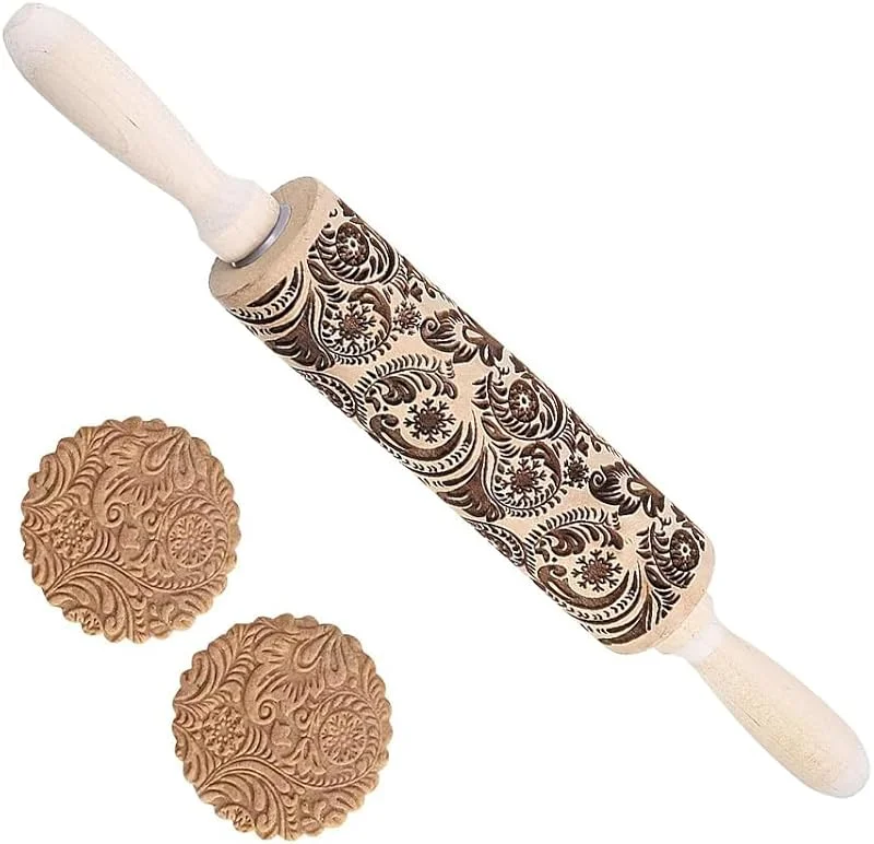 SSyang Rodillo de Navidad Rolling Pin Wood 3D Patrón, Tallada en Relieve Rodillo, 35 * 4.5CM Navidad con Grabado en Relieve Rodillo de Cocina Navidad Rolling Pin Madera Tallada, para DIY Hornear — Hogar y cocina