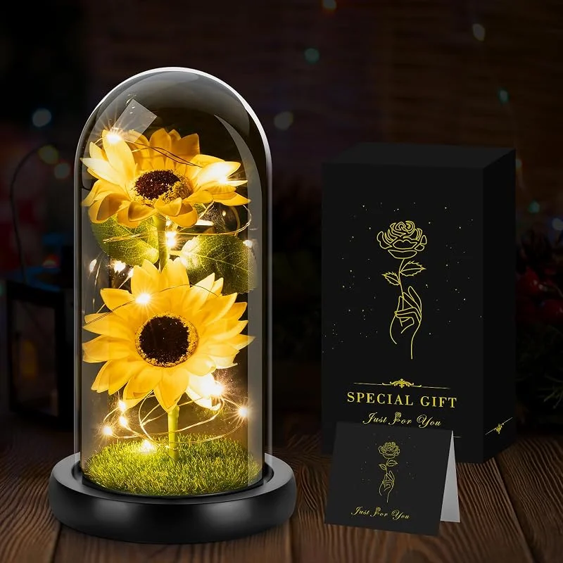 Seachrgif Regalos de Girasol para Mujeres, Regalo Navidad para Mujer Hombre Esposa, Mamá, Abuela Amiga, Cumpleaños, Día de la Madre, Ideas Regalos Navidad, Girasol Artificial en Cúpula de Cristal — Adviento y mesa