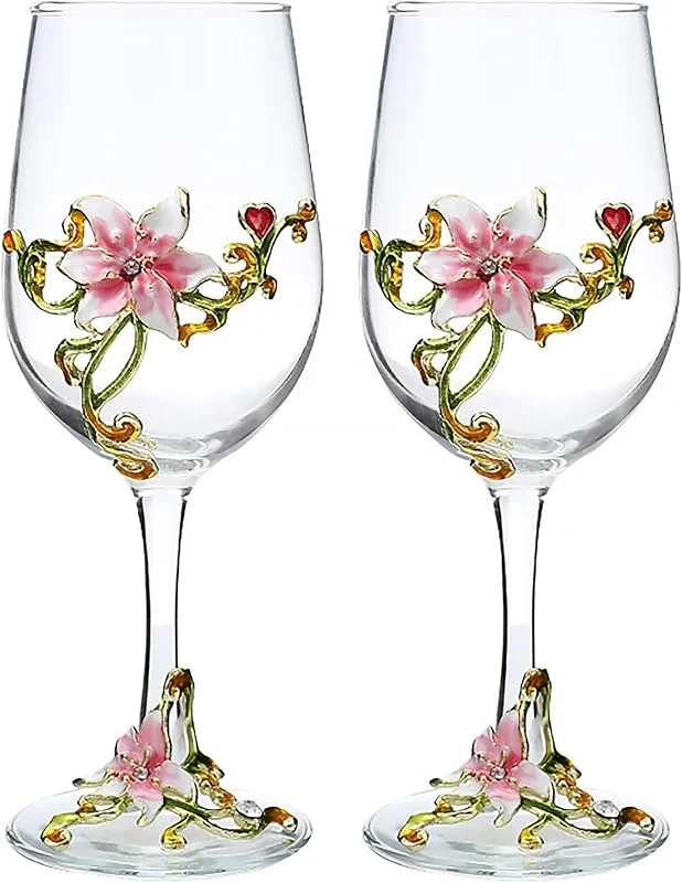 XUDREZ Juego de 2 copas de vino esmaltadas pintadas a mano con diseño de flor esmaltada, juego de 2 copas de vino tinto, regalos de cumpleaños para mujeres, madres, amigas, día de la madre, sin plomo — Vino y mesa festiva