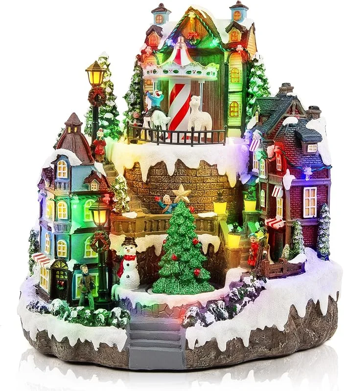 WeDoSoy Pueblo de Navidad animado musical con luz LED, escena de construcción coleccionable de Navidad grande de 11.8 pulgadas con carrusel giratorio y árbol, decoración de Navidad para mesa o mantel — Decoracion Navidad