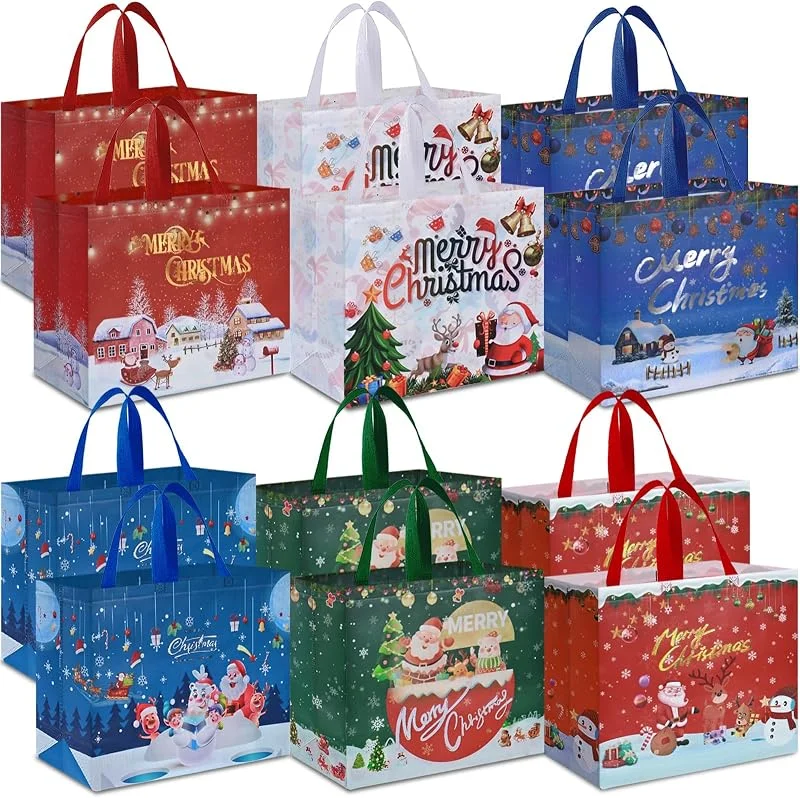 Ahfulife 12pcs Grande Bolsa de Regalo Navideño, 36×40×15 cm Bolsas de Pastel con Manijas, Bolsas de Regalo para Fiestas, Reutilizables, Impermeables, para Navidad, Fiestas de Eventos — Envoltorio regalo